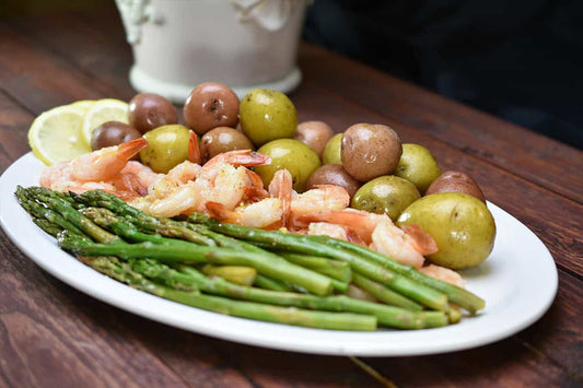 Garlic & Lemon Shrimp, Asparagus and New Potatoes